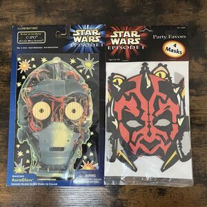 Lot Of 2 Vintage Star Wars Episode I Party Masks & C-3PO Glow Stickers NIP NOS